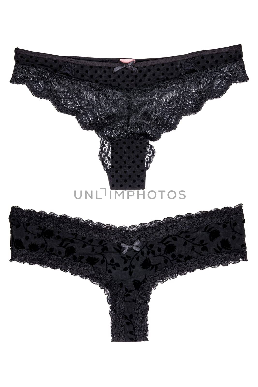 Underwear woman isolated. Collage set of two luxurious elegant black lacy thongs panties isolated on a white background. Clipping path. Underwear fashion.