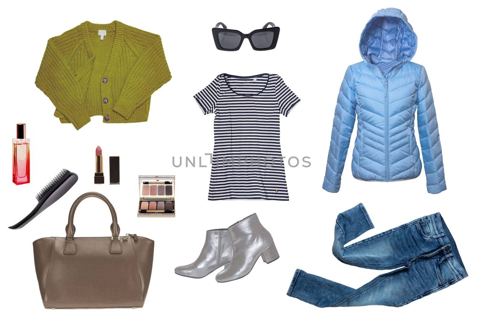 Collage set of woman spring summer clothes isolated. Female girls clothing collection. Women fashion clothing outfit. Jeans, shoes, jumper, jacket, accessories wear.
