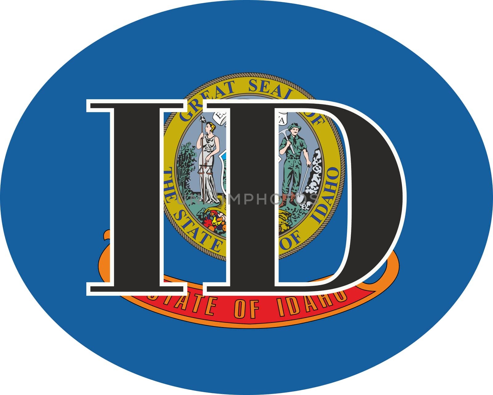 Sign of state of Idaho for sticking on glass of car on background of American flag. Sign of Idaho on USA flag. vehicle badge. Abbreviation for the state of Idaho. car sticker. Abbreviation ID