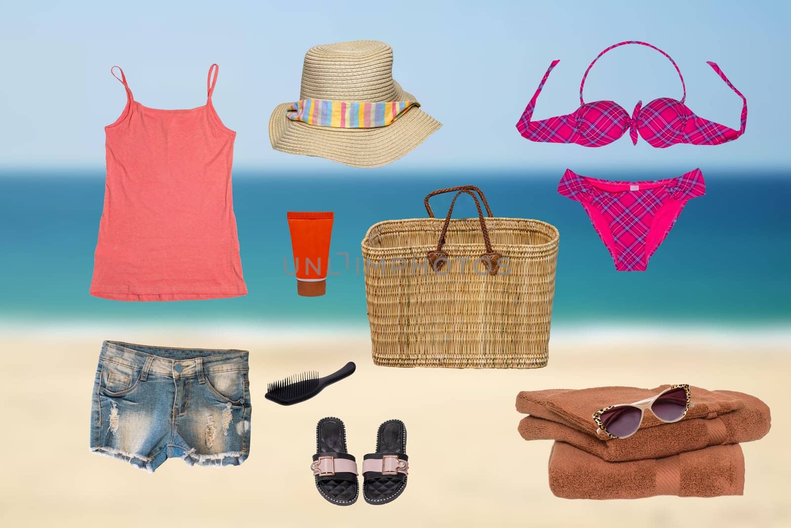 Collage set of girl beach summer clothes over ocean background. Female woman apparel collection. Women fashion clothing outfit. Colorful stylish beachwear.