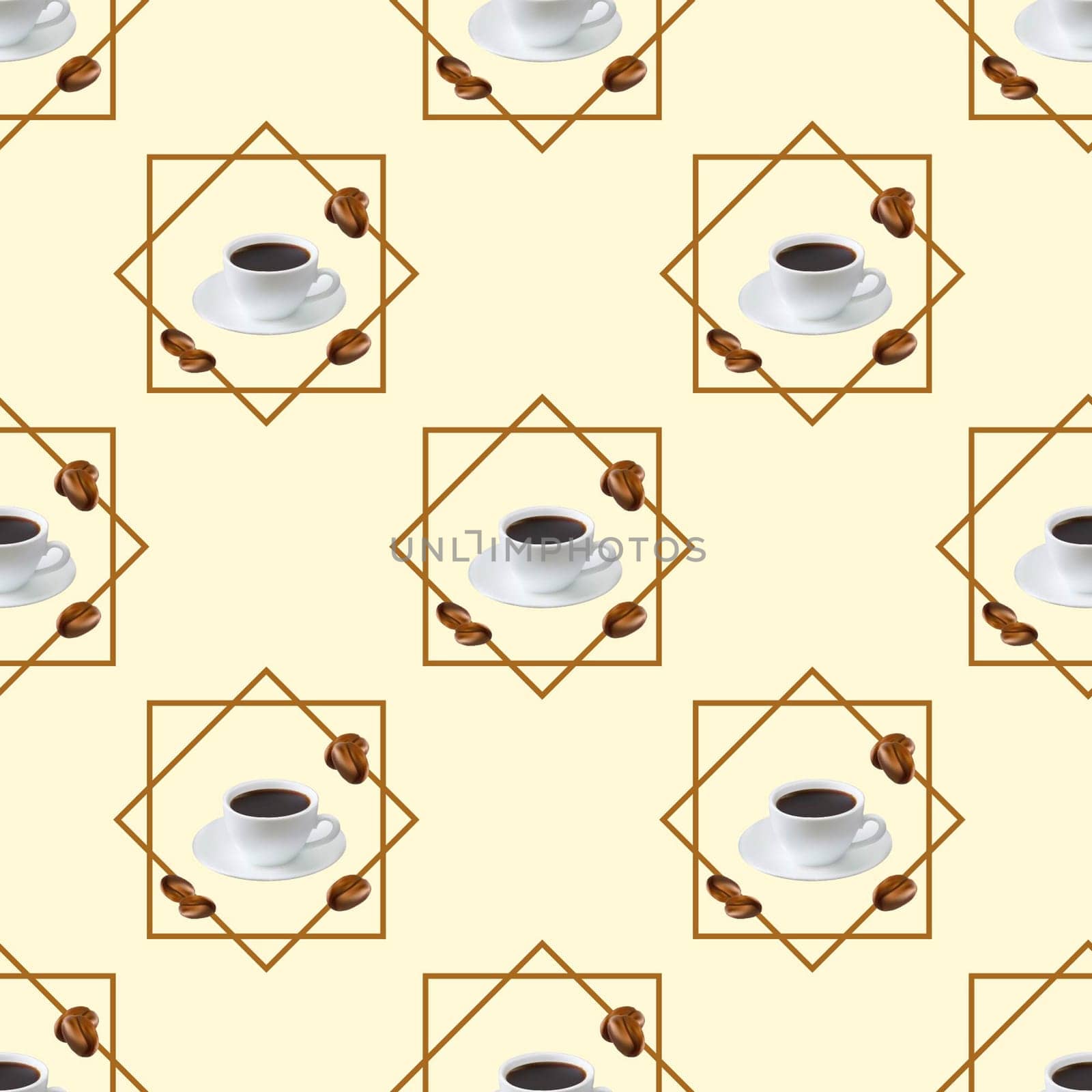 Seamless pattern with a cup and coffee beans on a light background with frames. Background for wallpapers, textiles, packaging. Vector image.