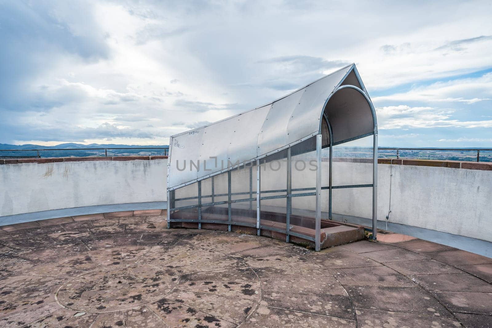 Top of the observation Tower at Veste Otzberg during cloudy day, staircase with canopy
