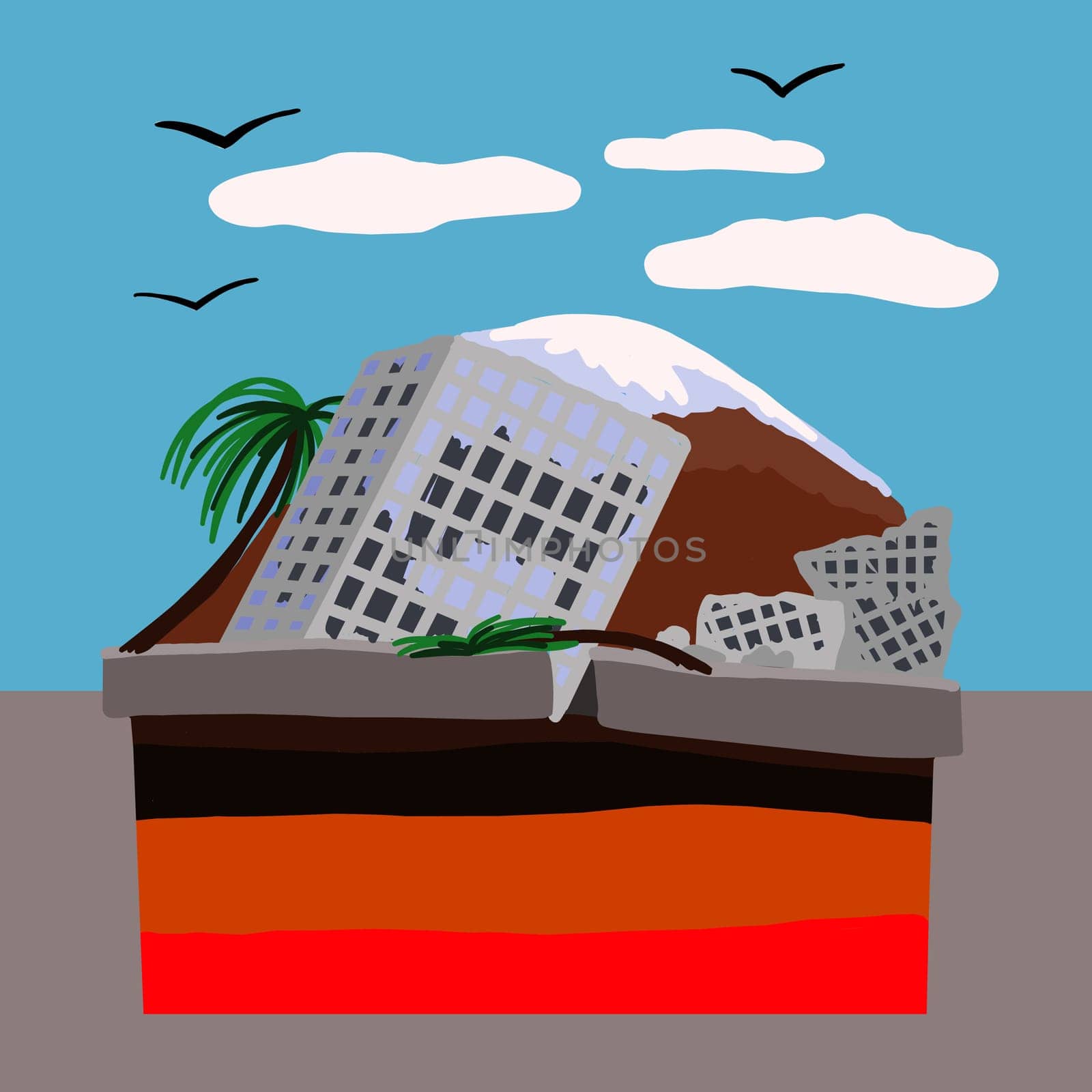 Earthquake. Natural disaster. Movement of tectonic plates illustration. The break of the road, the building collapses and falls into the break.