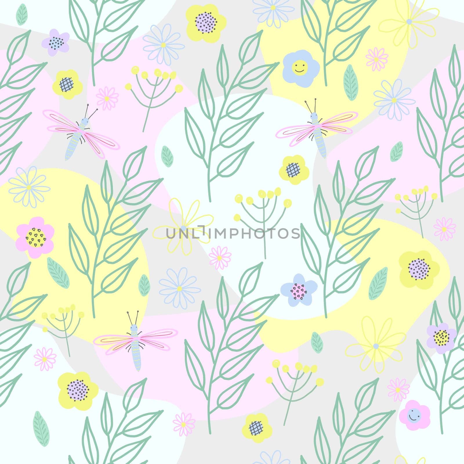 spring seamless pattern children s cute. floral seamless pattern with many decorative flowers, leaves and twigs. For fashion fabrics, children s clothing, T-shirts, postcards, templates and scrapbooki