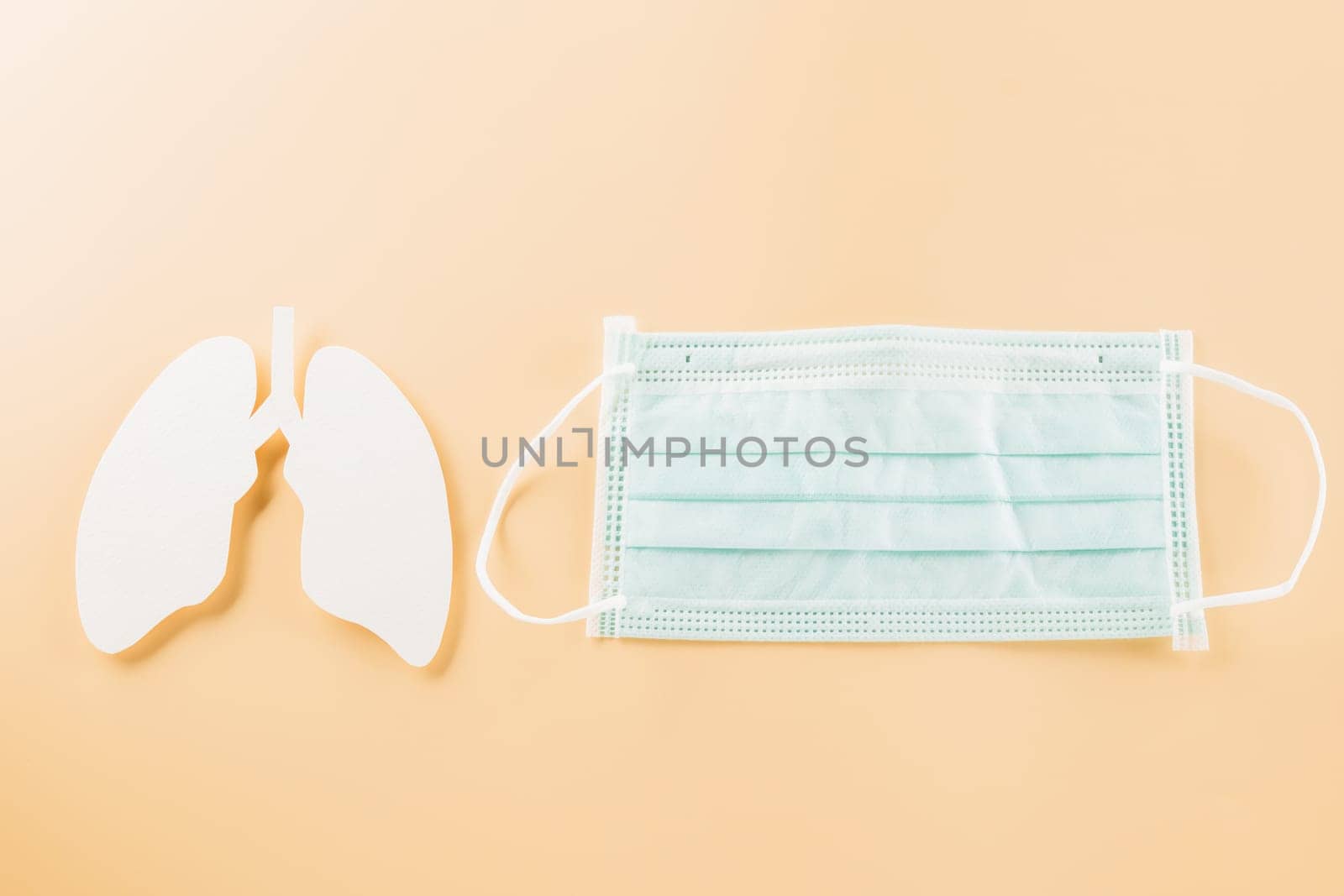 World TB Day. Overhead lungs paper symbol and facial medical face mask on pastel background, lung cancer awareness, copy space concept of world tuberculosis day, banner background