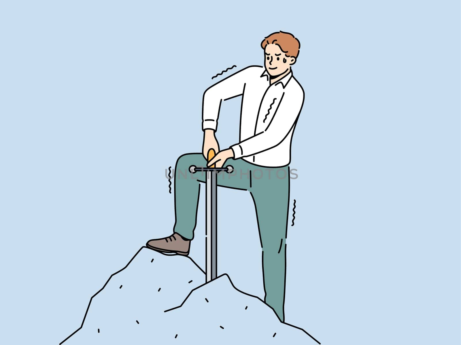 Motivated businessman extract sword from stone. Strong male employee or worker draw Excalibur from rock. Leadership and motivation. Vector illustration.