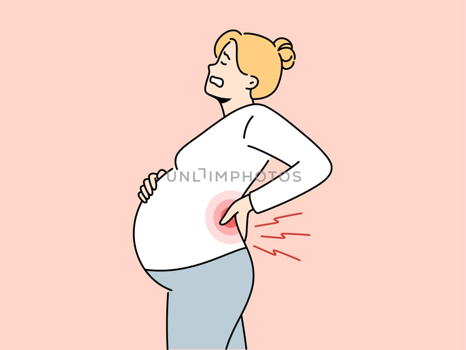 Unwell pregnant woman suffer from backache. Unhealthy exhausted female with big belly tired with pregnancy have pain at lower back. Vector illustration.