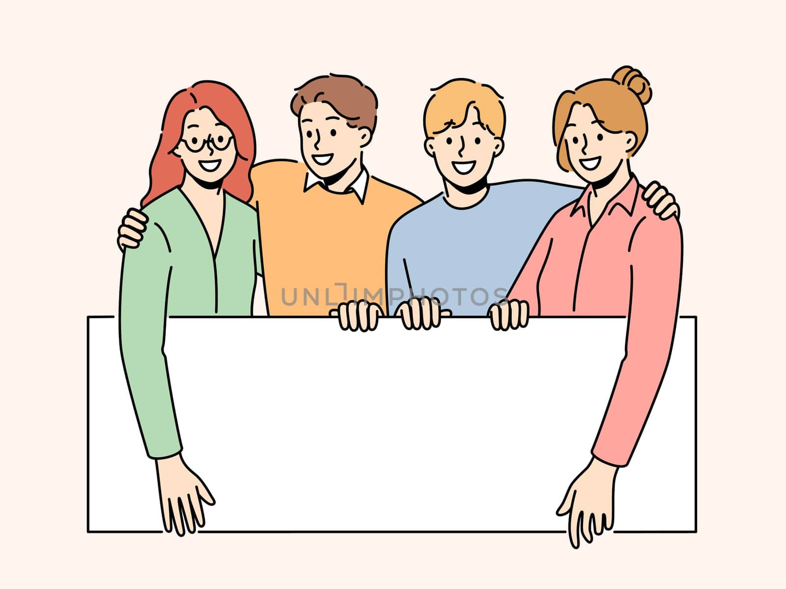 Smiling people holding mockup poster showing good deal or offer. Happy men and women with white empty poster with copy space. Vector illustration.