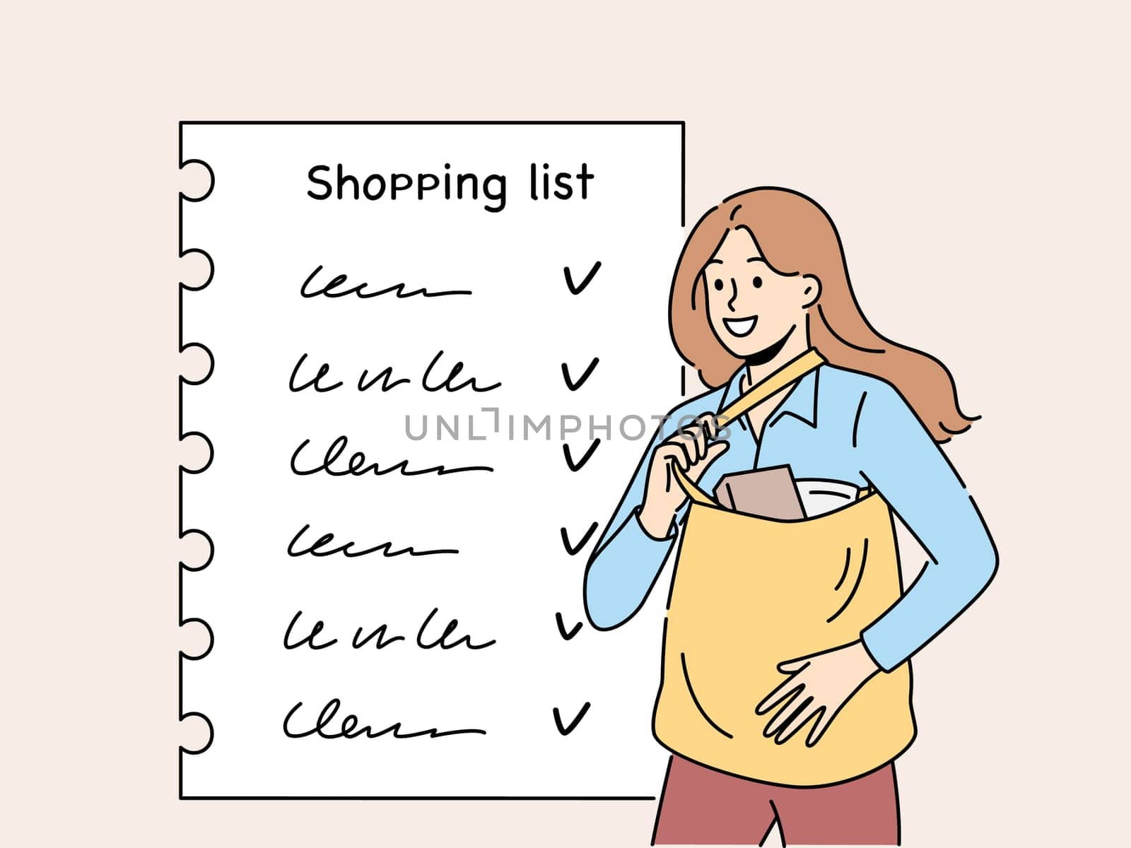 Smiling woman with shopping list doing groceries. Happy female with bag full of products check items in buying plan on paper. Vector illustration.
