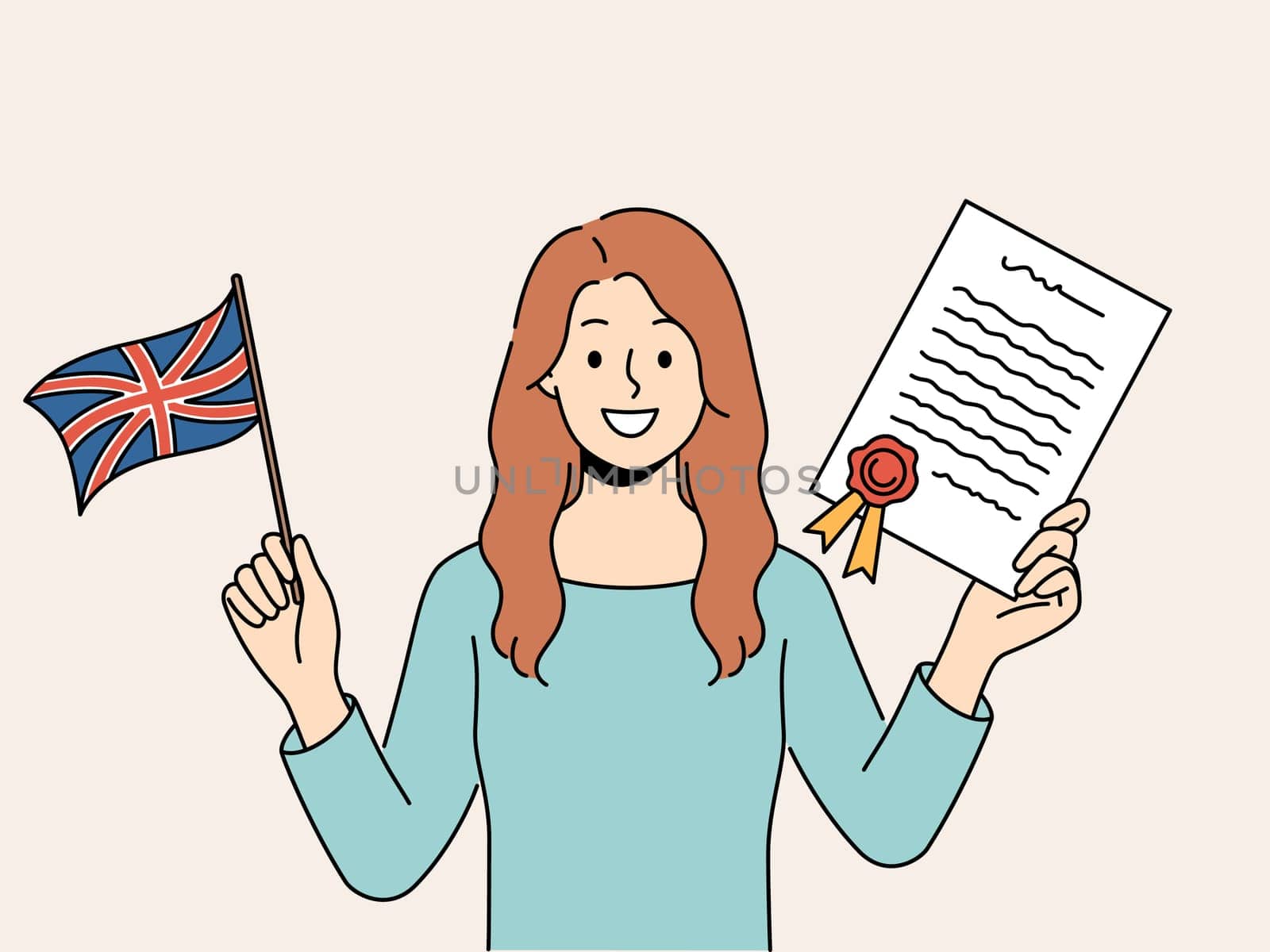 Smiling woman hold graduation certificate and UK flag in hands. Happy female with document teach English language. Education. Vector illustration.
