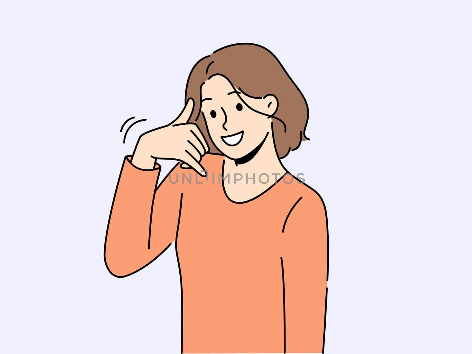 Smiling woman show call me hand gesture. Happy girl demonstrate callback ask to dial or make phone call. Body language. Vector illustration.