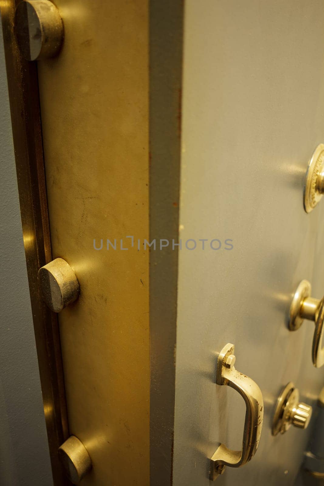 Close-up of an old bank safe with combination lock