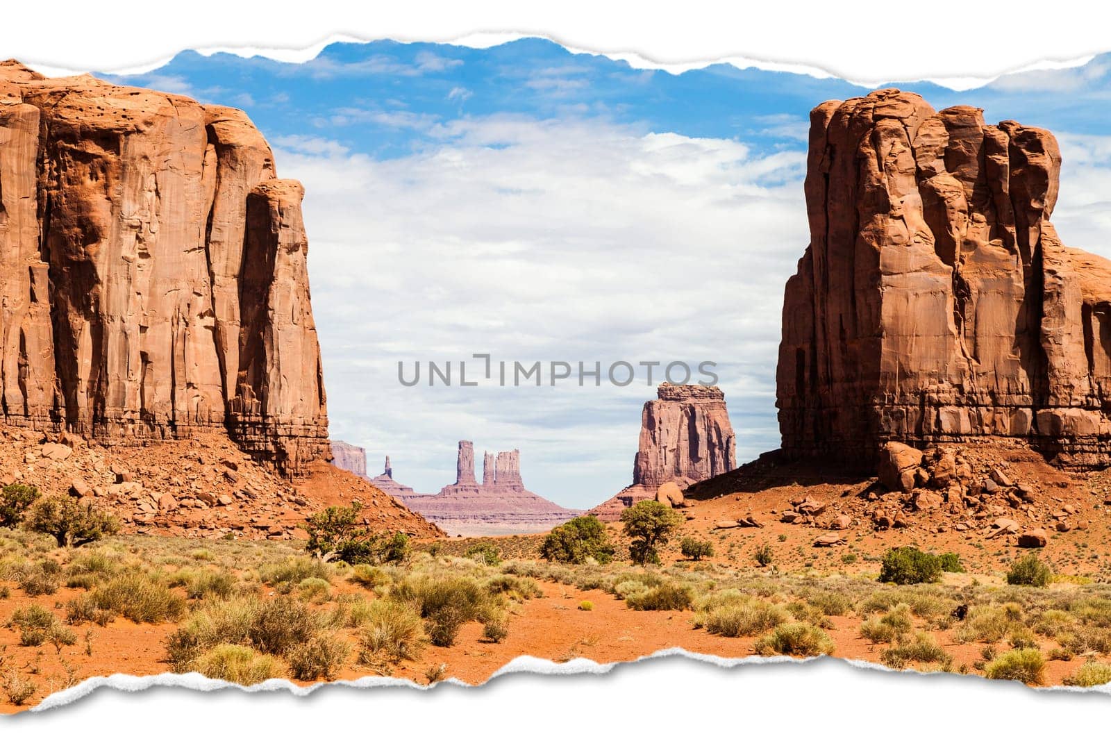 Creative picture of Monument Valley in USA - scenic red landscape with blue sky