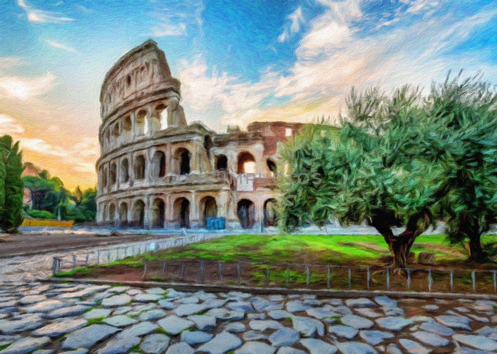 Rome, Italy - Sunset behind the Colosseum - Creative illustration, vintage impressionistic design