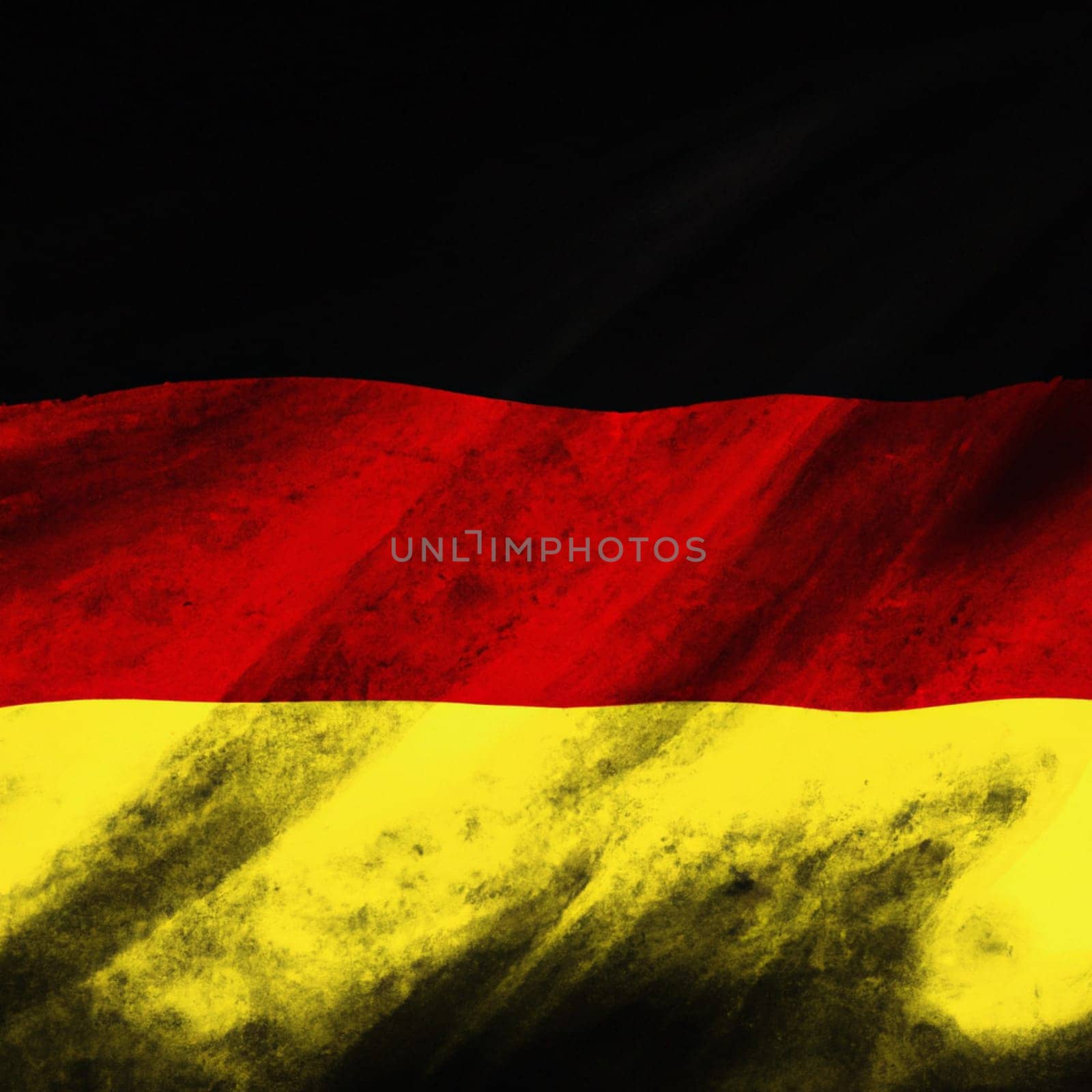 Flag of Germany - three equal horizontal stripes of black, red, golden yellow. Illustration or drawing of the German flag waving in the wind, darkened from the sides. Copy space on a black background