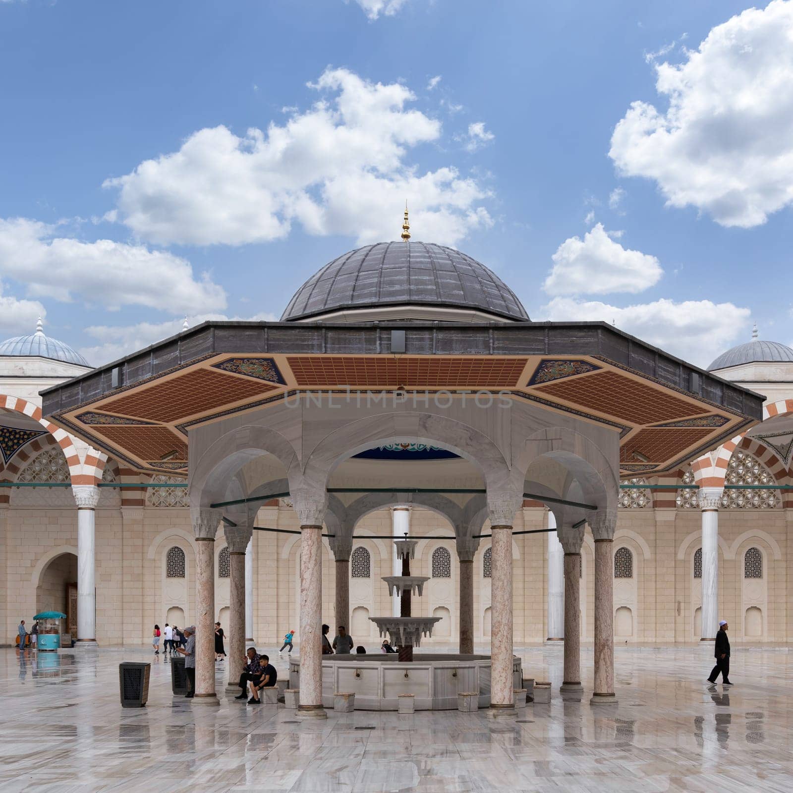 Istanbul, Turkey - September 1, 2022: Ablution fountain at the courtyard of Grand Camlia Mosque, or Buyuk Camlica Camii, a modern Islamic complex, built in 2019, located in Camlica hill, Uskudar