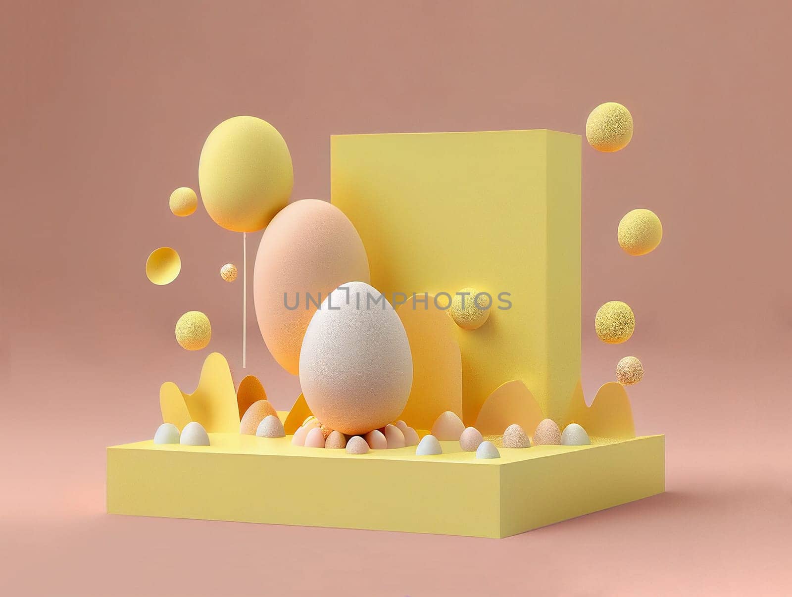 Podium platform 3d, yellow pastel spring color, easter eggs, product display and showcase, promotion, generative AI