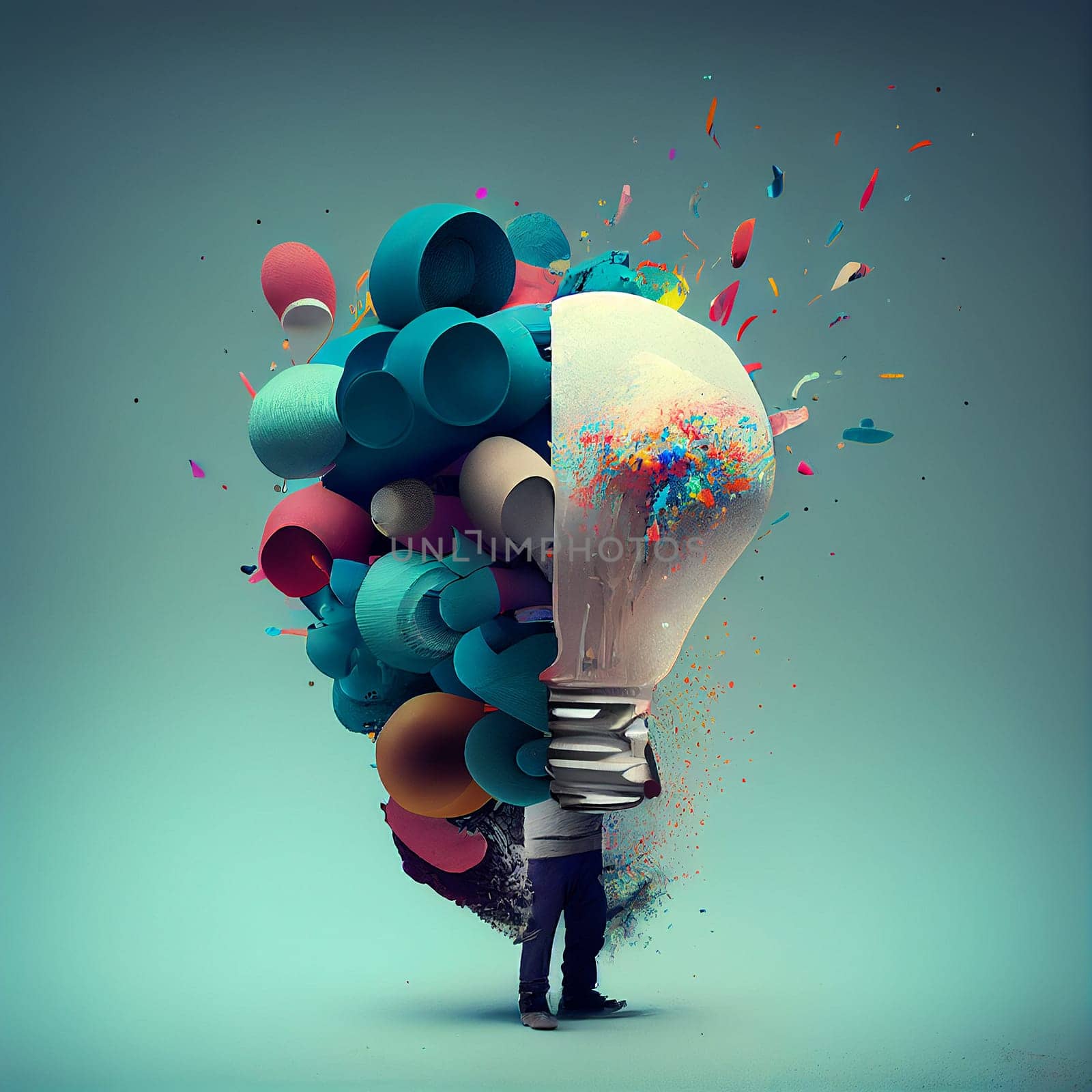Creative light bulb, explosion of ideas, colorful splashes, brainstorming for solutions, smart brain, generative AI