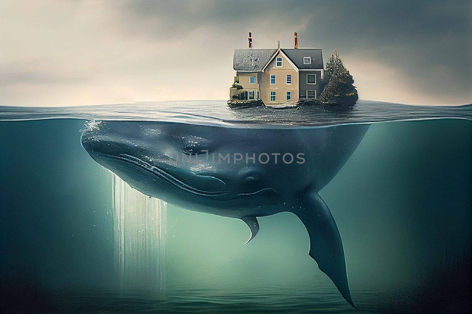 Big whale swimming under water, house on an island on his back, surreal maritime concept, generative AI