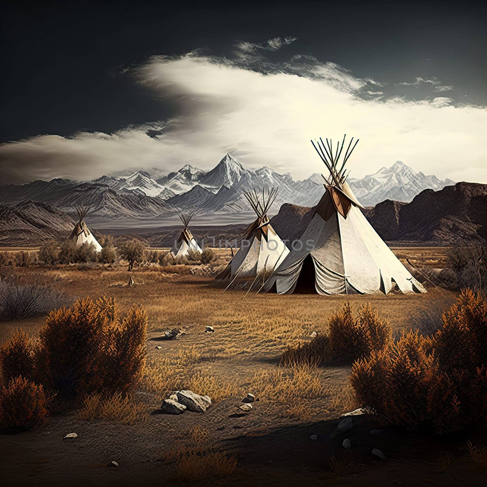 AI generated native american camp site with mountain landscape and clouds in the sky