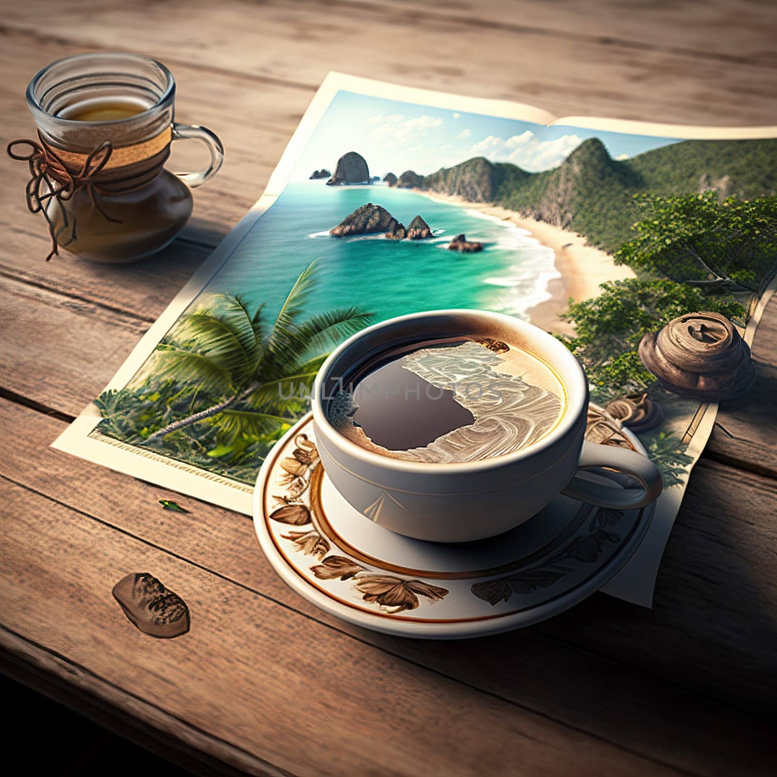 Detail from coffee on table with tropical island map AI-generated illustration