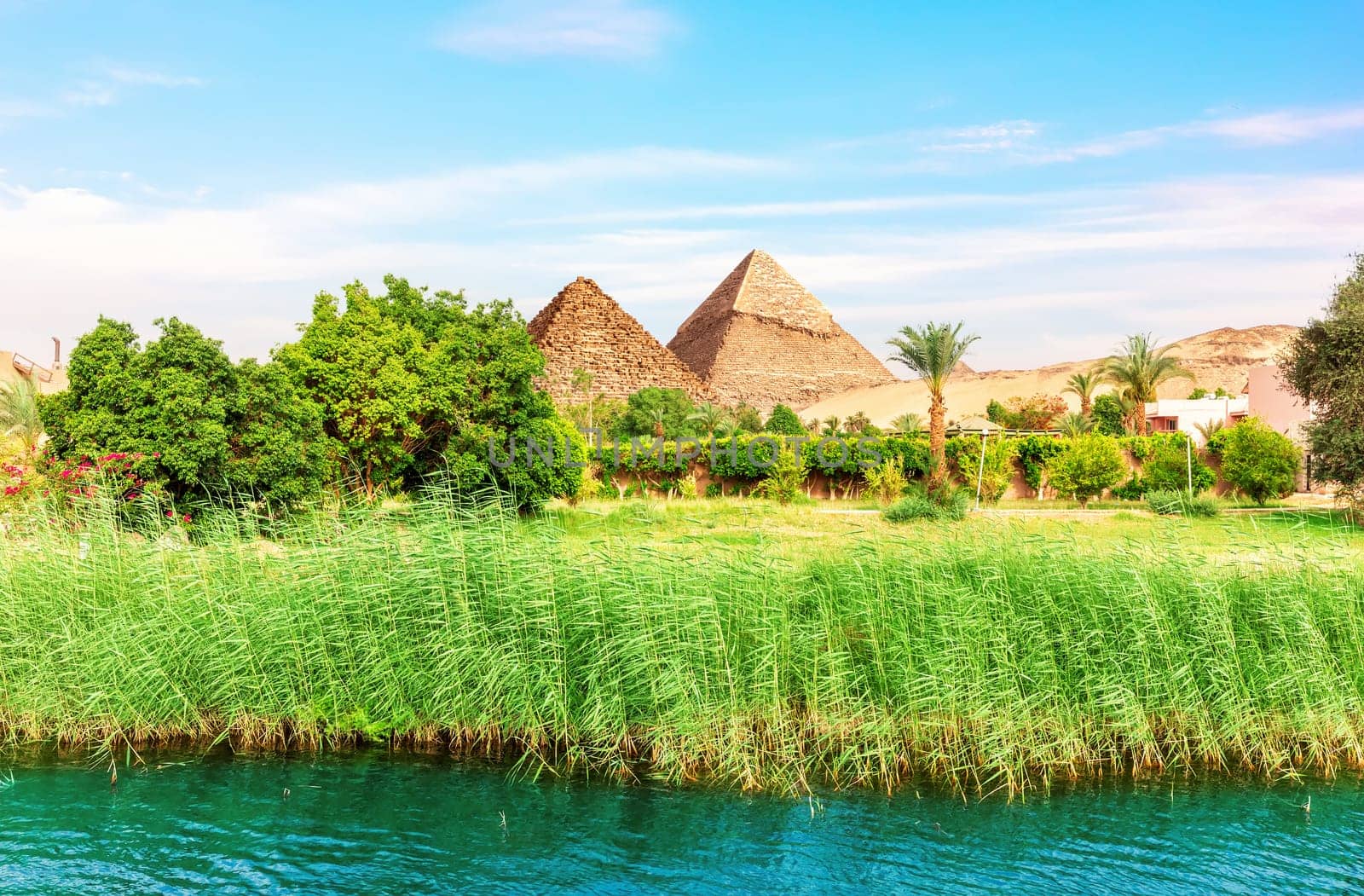 Landscape of Aswan in the Nile on the way to pyramids, Egypt.