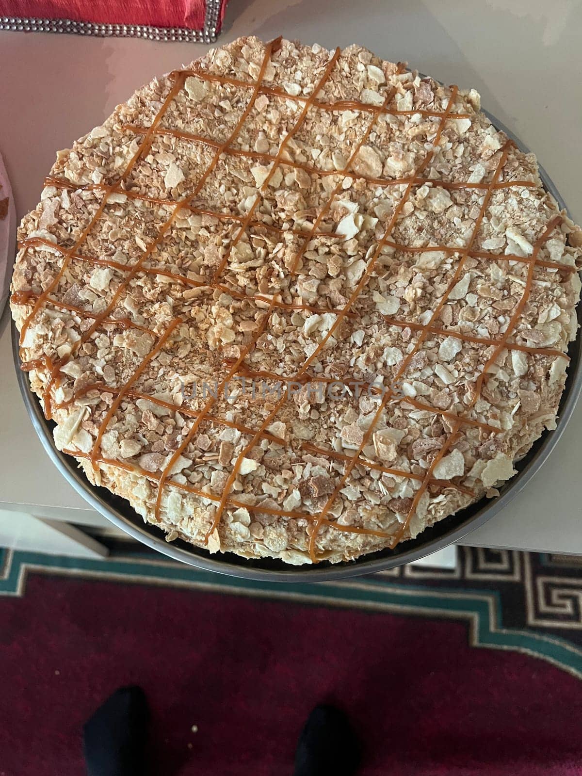 Coffee cake on the table in coffee shop. Top view