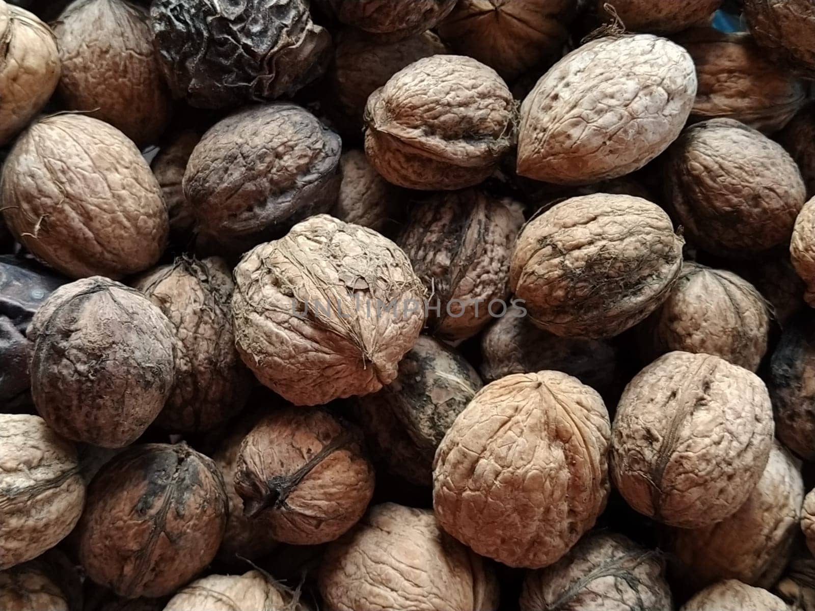 Walnuts close-up. Harvest of nuts. Walnut fruits, rounded large single single-seeded drupes. A healthy diet that includes glycerides of linoleic, oleic, stearic, palmitic and linolenic acids.