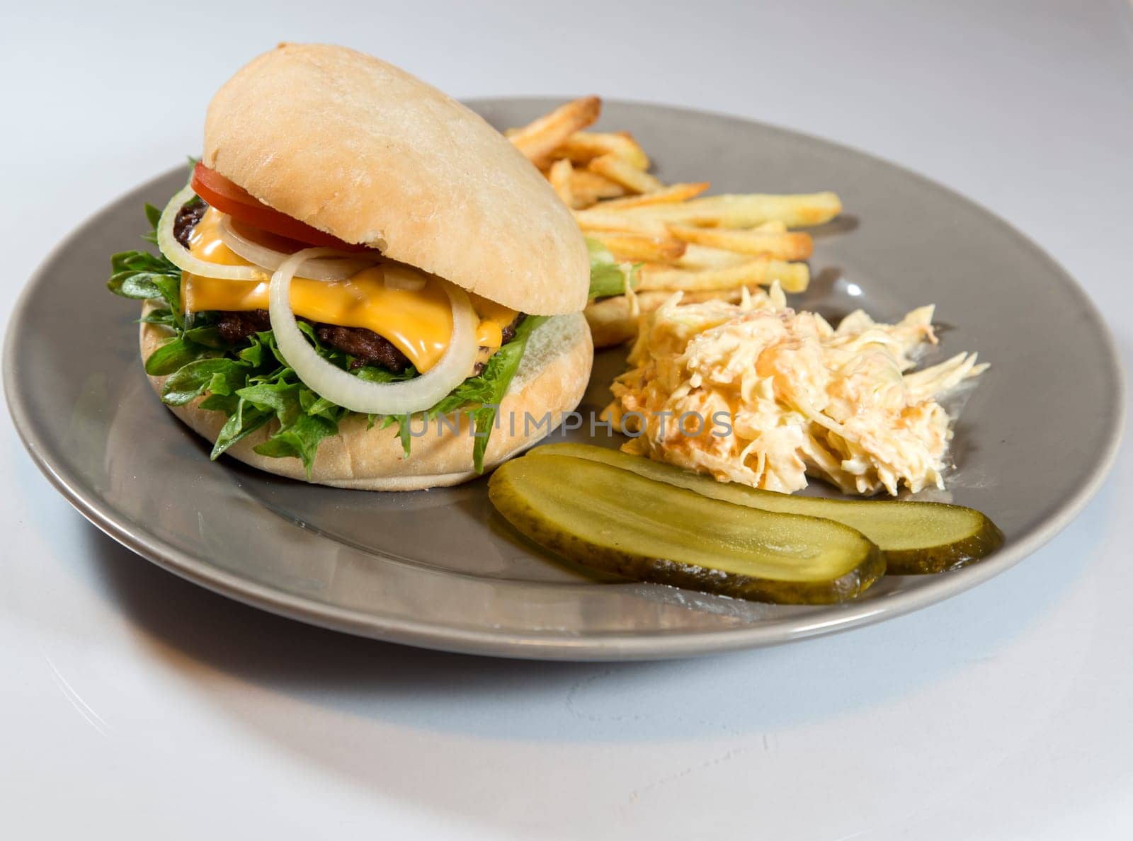 Hamburger Plate with Coleslaw and French Fries on a plate with white background.