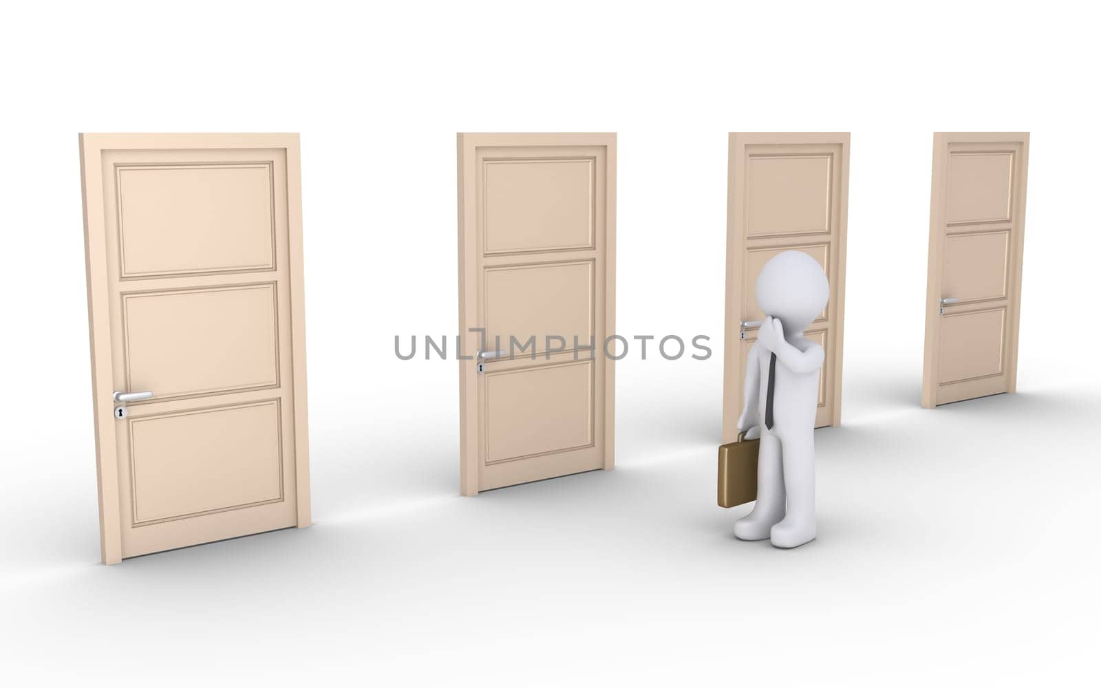 Businessman is next to four doors and is thinking which one to open
