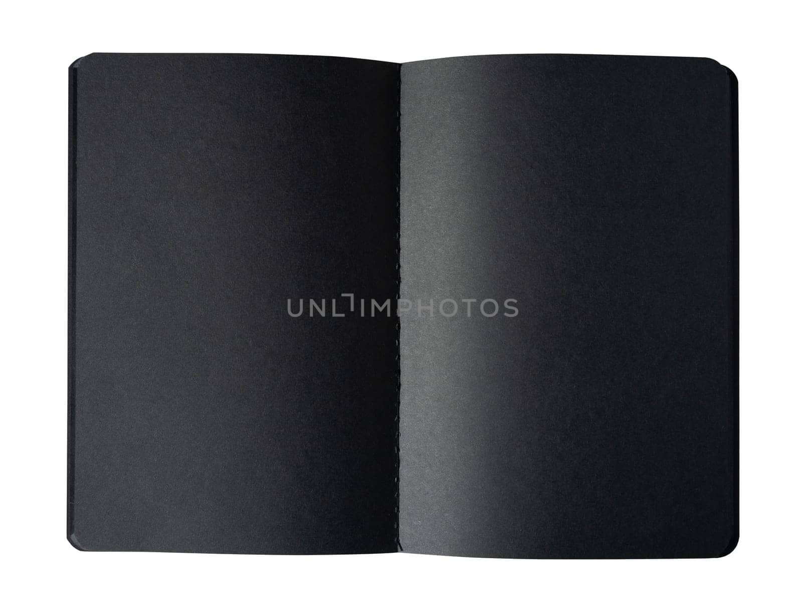 top view closeup of open notebook with black empty pages isolated on white