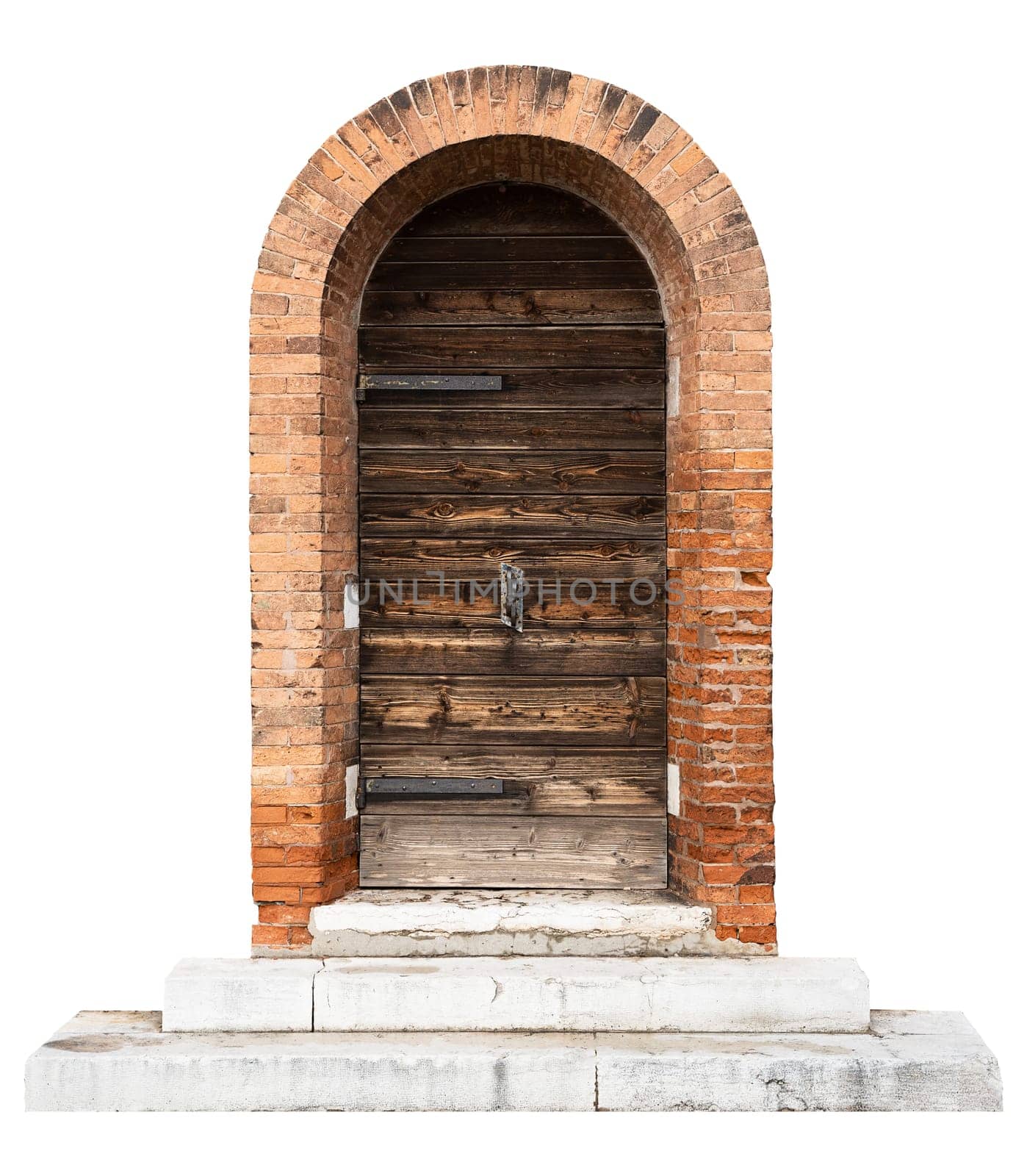 front view closeup of vintage wooden doors with classic brick pattern archway and wide marble stone stairs isolated on white