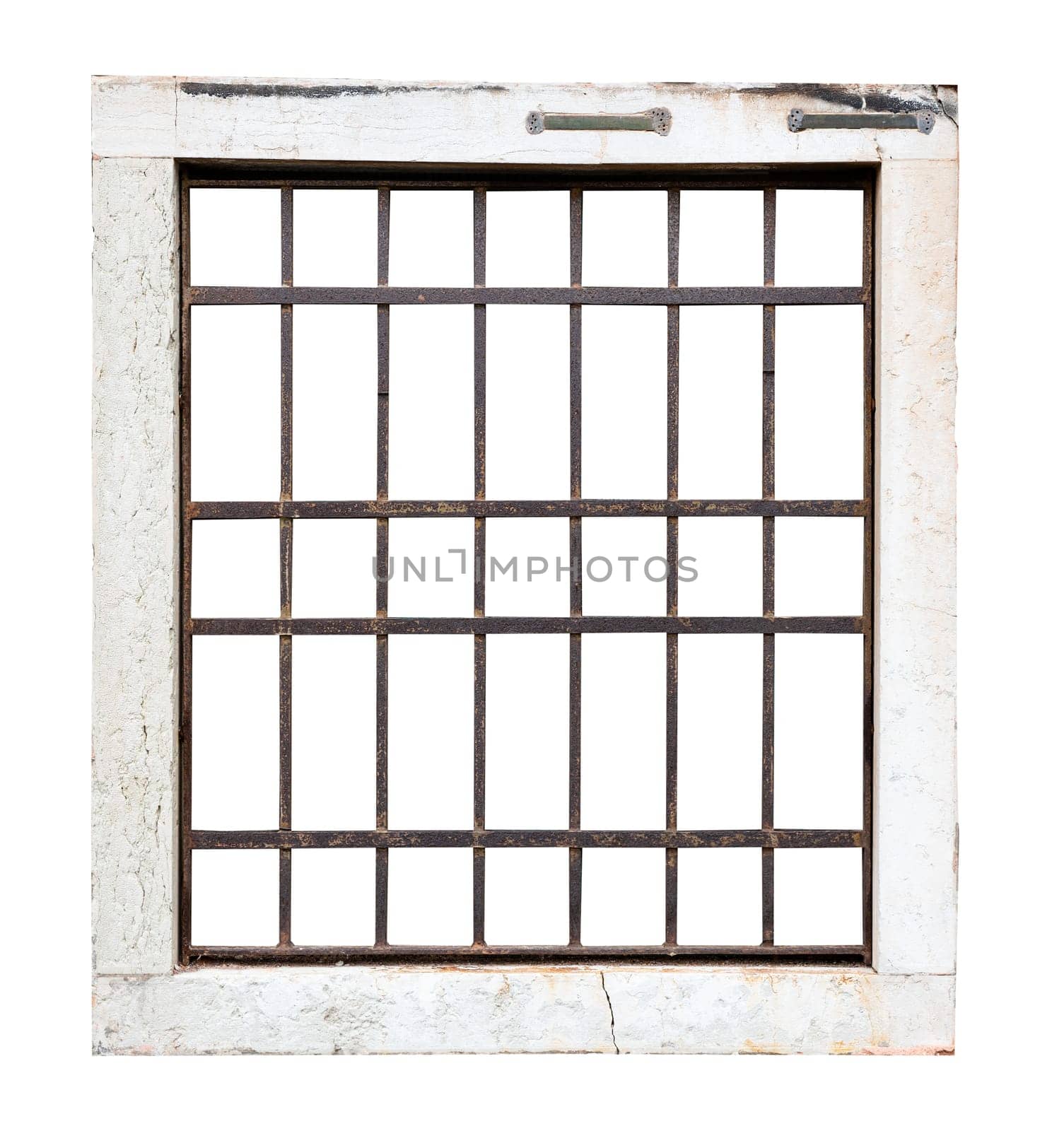 front view closeup of vintage square window with stone marble frame protected with metallic railing bars isolated on white