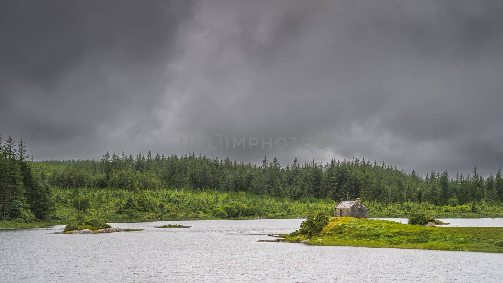 Small fishing house on the edge of Ballynahinch Lake. Pine forest with dark storm sky in background. Connemara, County Galway