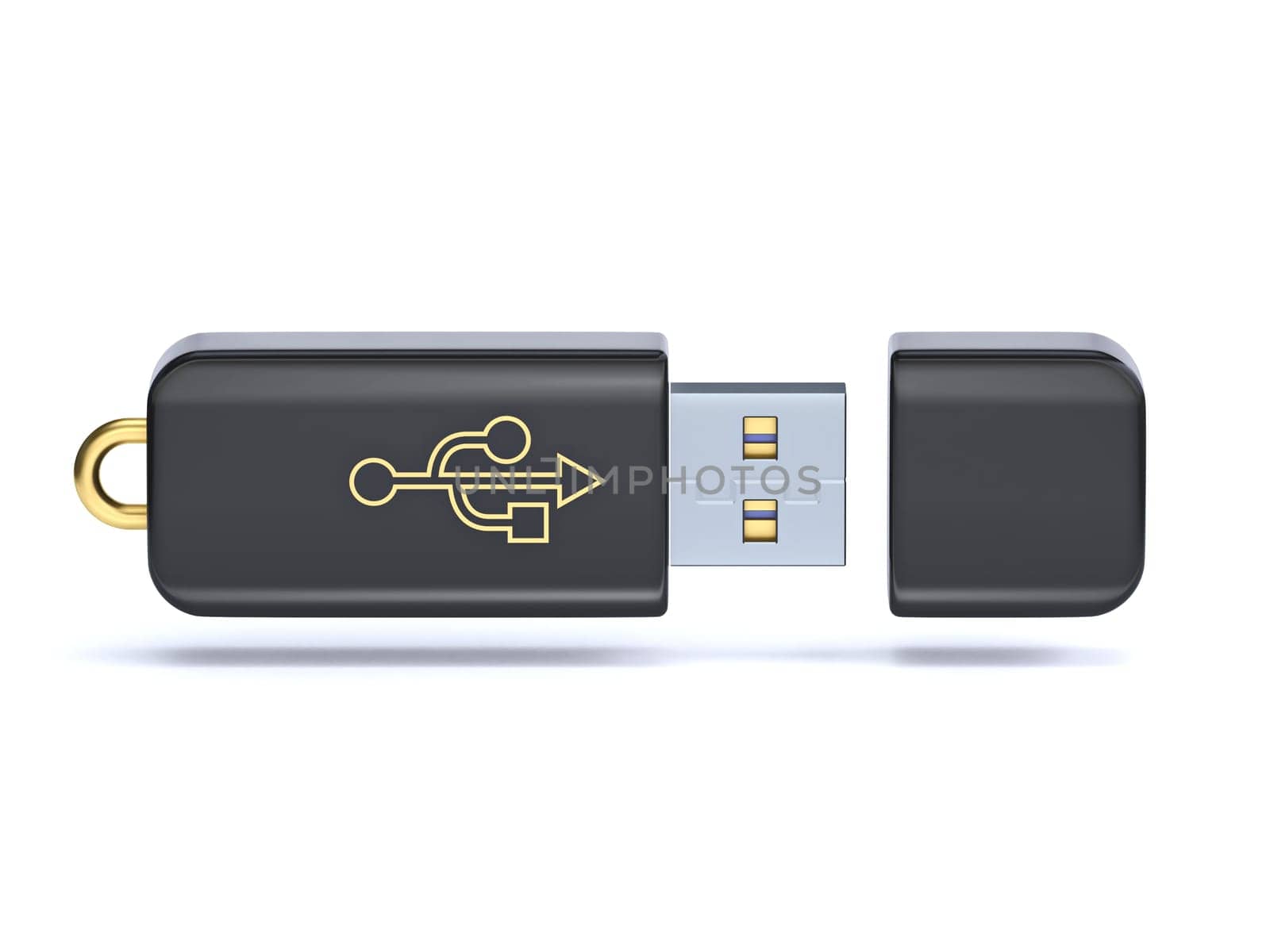 Black opened USB flash drive 3D rendering illustration isolated on white background