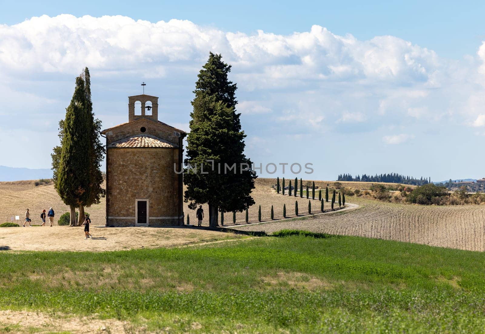 Pienza, Italy - September 12, 2022: Capella Di Vitaleta in countryside between San Quirico and Pienza in Val d Orcia Tuscany. Italy