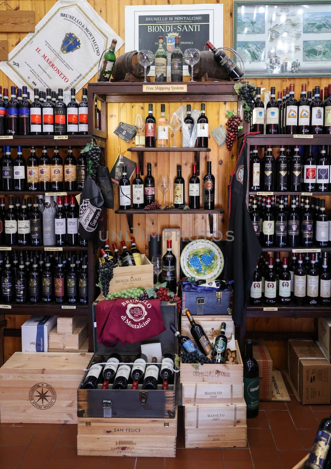 Montalcino, Italy - September 12, 2022: Interior of a wine shop in Montalcino ,Tuscany, Italy. Montalcino is famous for its Brunello di Montalcino wine.