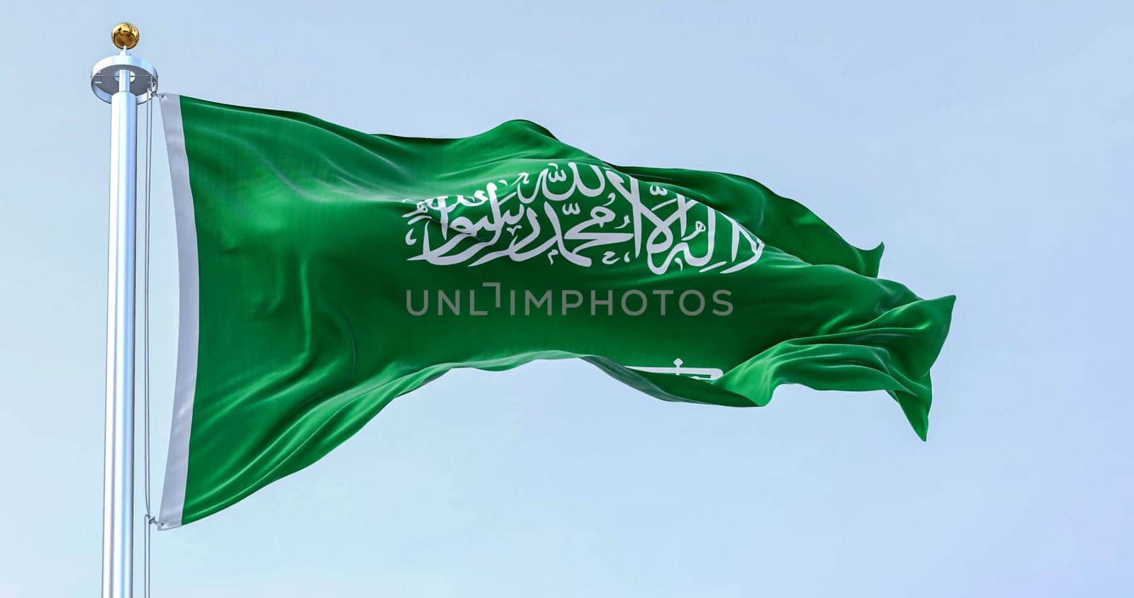 Saudi Arabia national flag waving in the wind on a clear day. Green field with Shahada and sword in Thuluth script. Rippled fabric. 3d illustration render