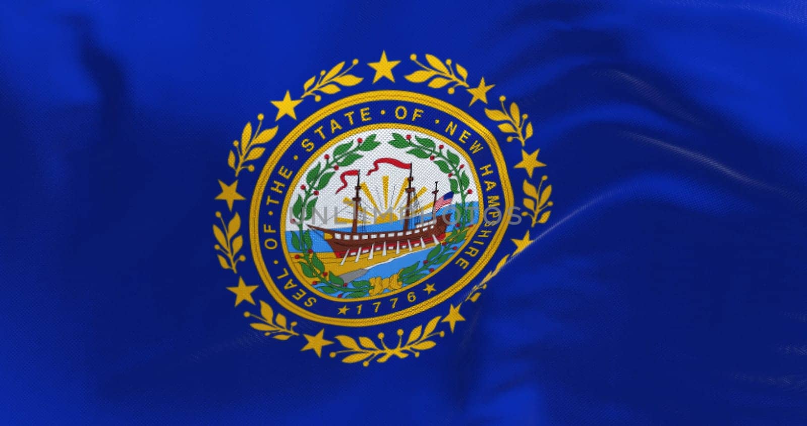 Detail of New Hampshire state flag waving. New Hampshire state seal on a dark blue field. US state flag. Rippled fabric. 3d illustration render. Close-up. Textured background
