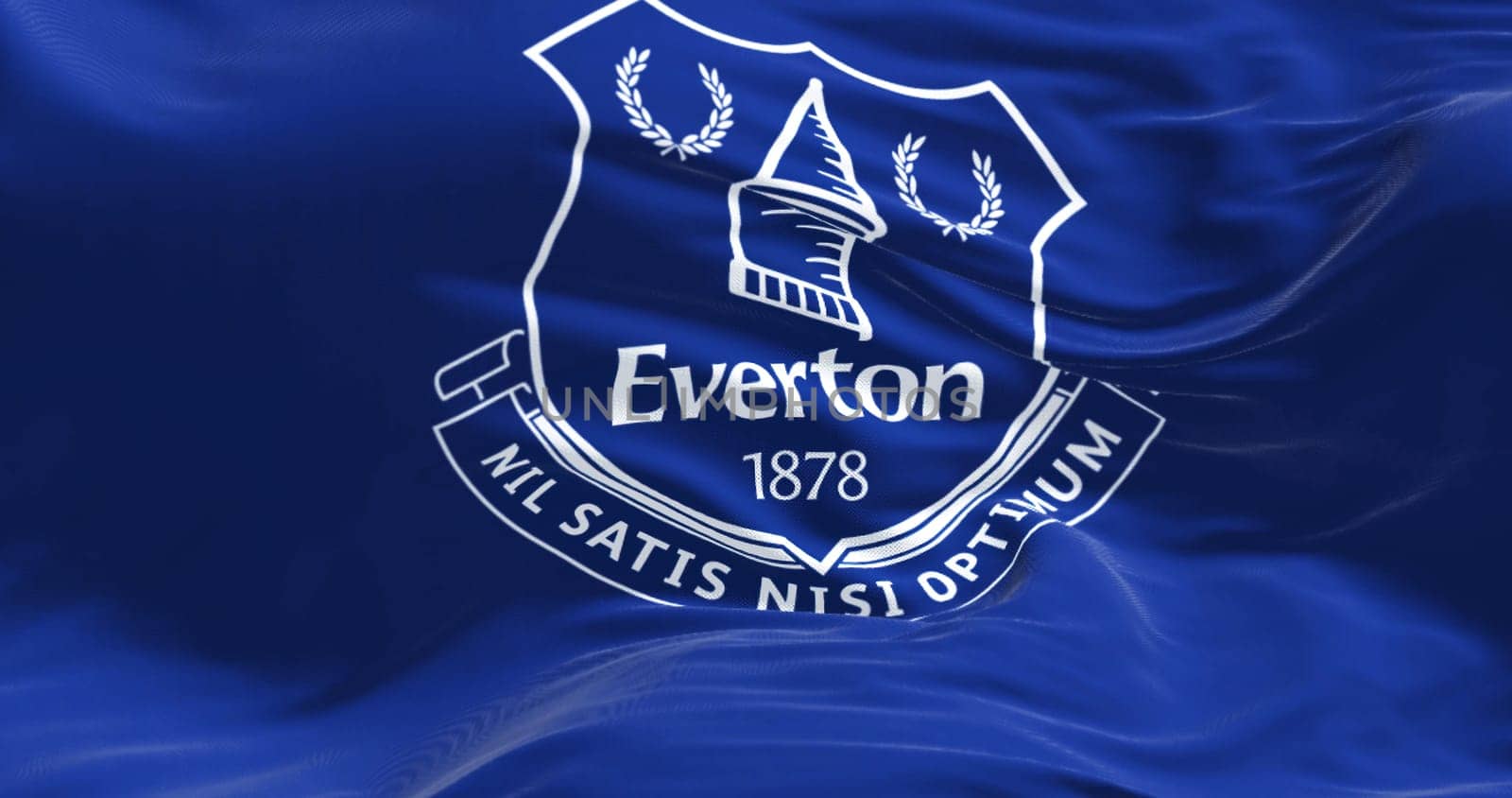 Liverpool, UK, sept 2022: Everton FC flag waving. Everton is a professional english football club. 3d illustration render. Rippled fabric. Close-up. Textured background