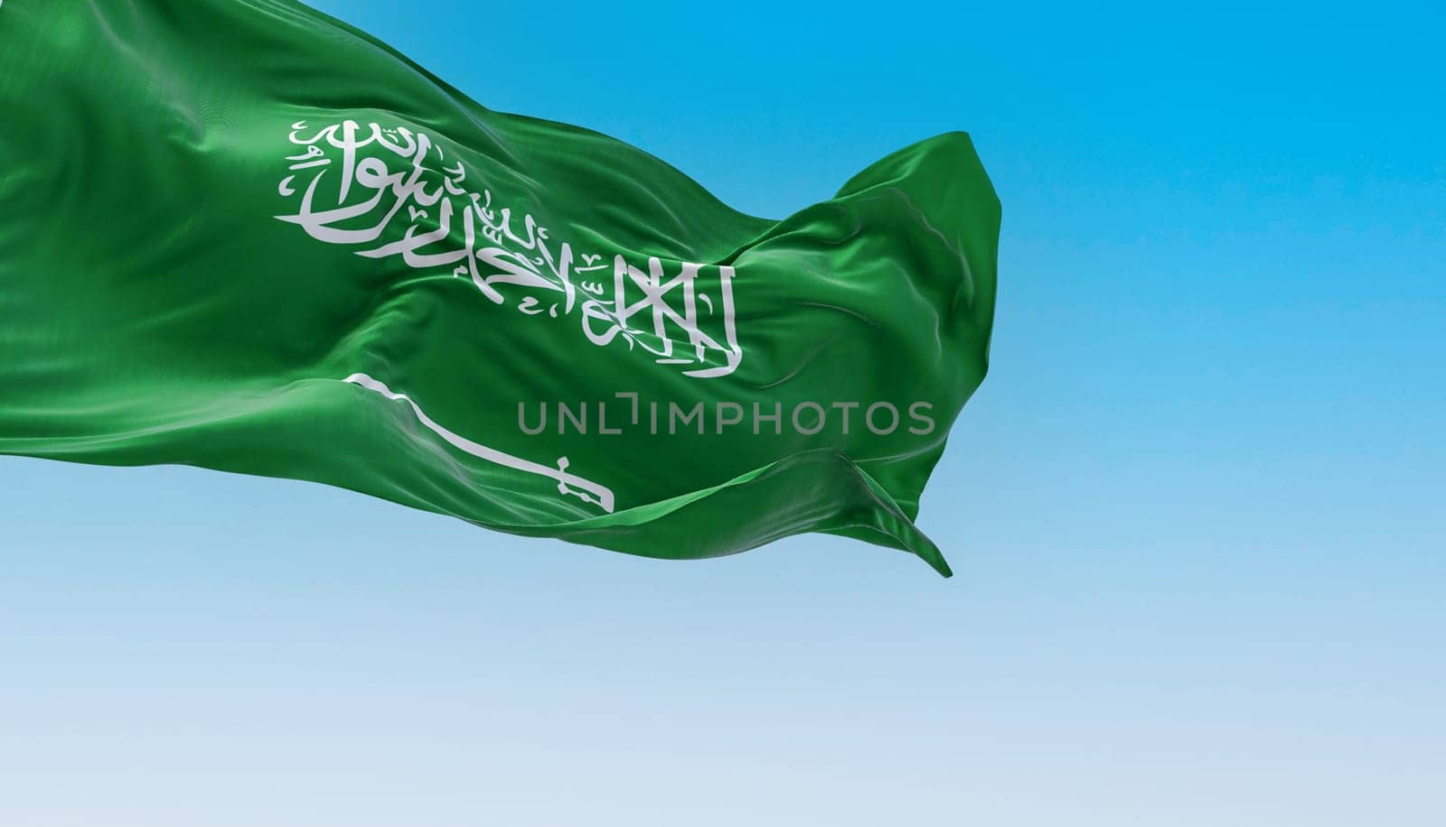 Saudi Arabia national flag waving in the wind on a clear day. Green field with Shahada and sword in Thuluth script. Rippled fabric. 3d illustration render