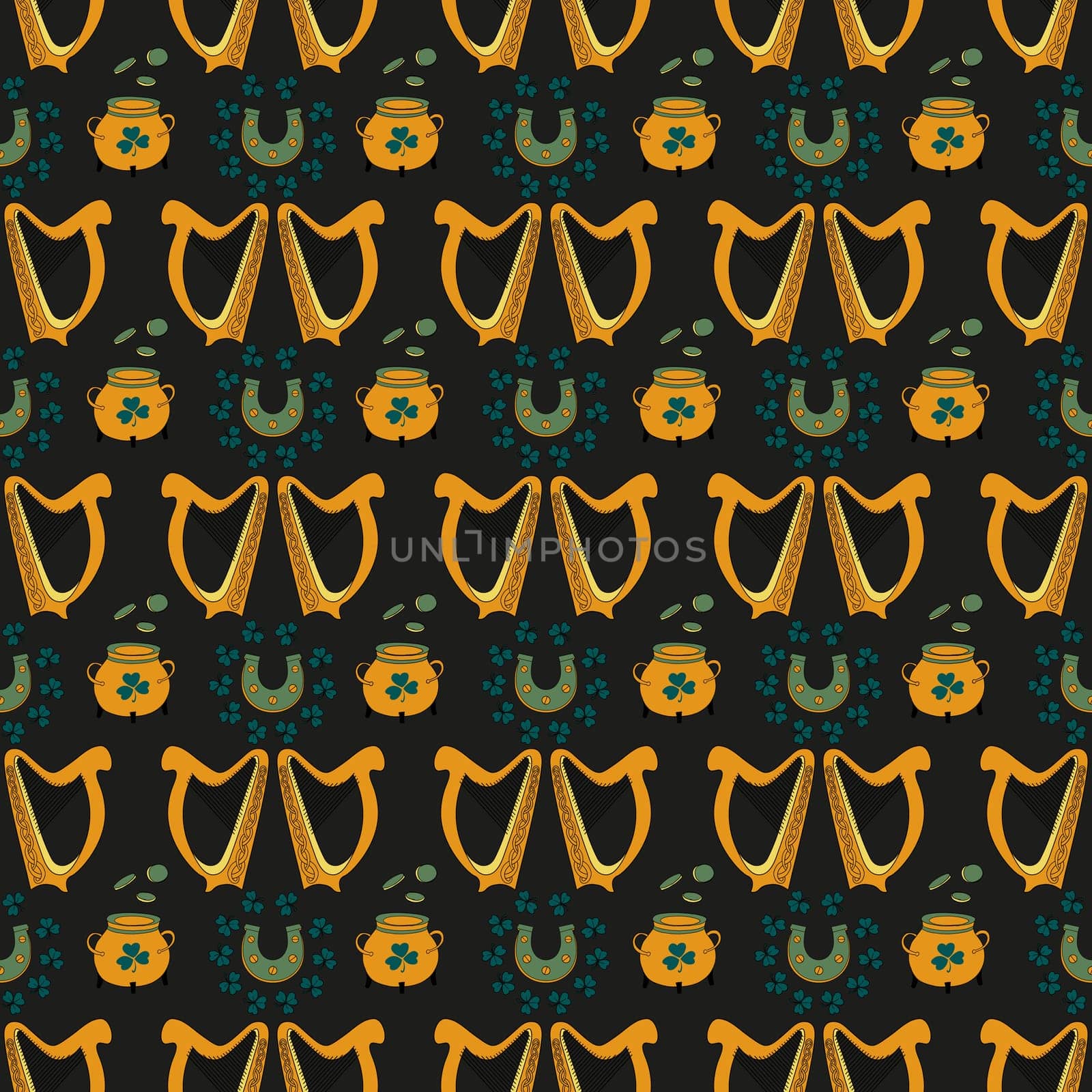 Cool trendy pattern with clover. Irish harp. Hand-drawn seamless pattern. Cute saint patrick fashion print.
