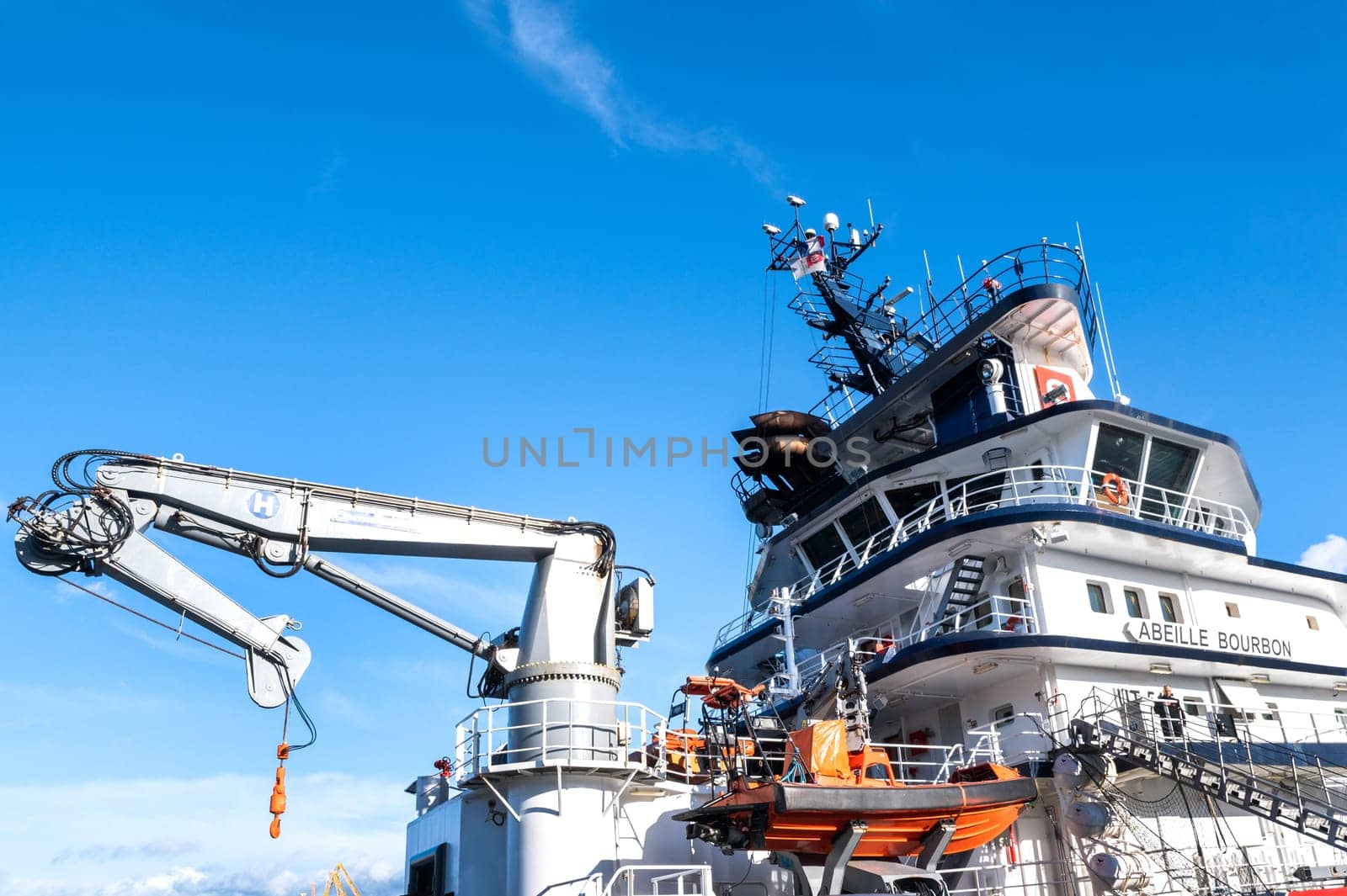 January 17 2023, Brest, Bretagne, France : The famous tug named Abeille Bourbon in the port of Brest. The Abeille Bourbon is a French intervention, assistance and salvage tug, sister ship of the Abeille Liberté, 80 meters long with a pulling force of 200 tons