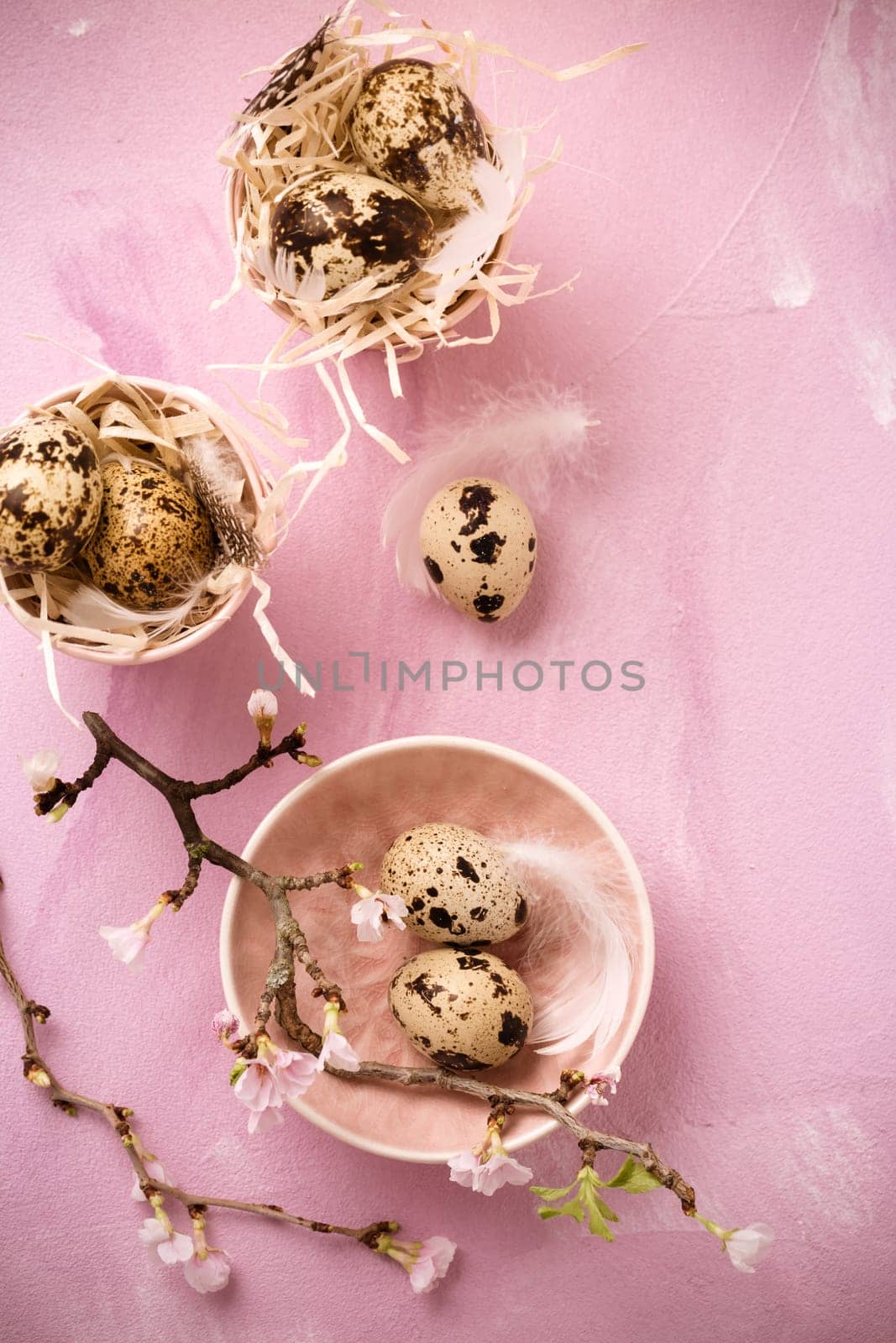 Easter eggs and pink flowers on pink background. Easter, and spring concept