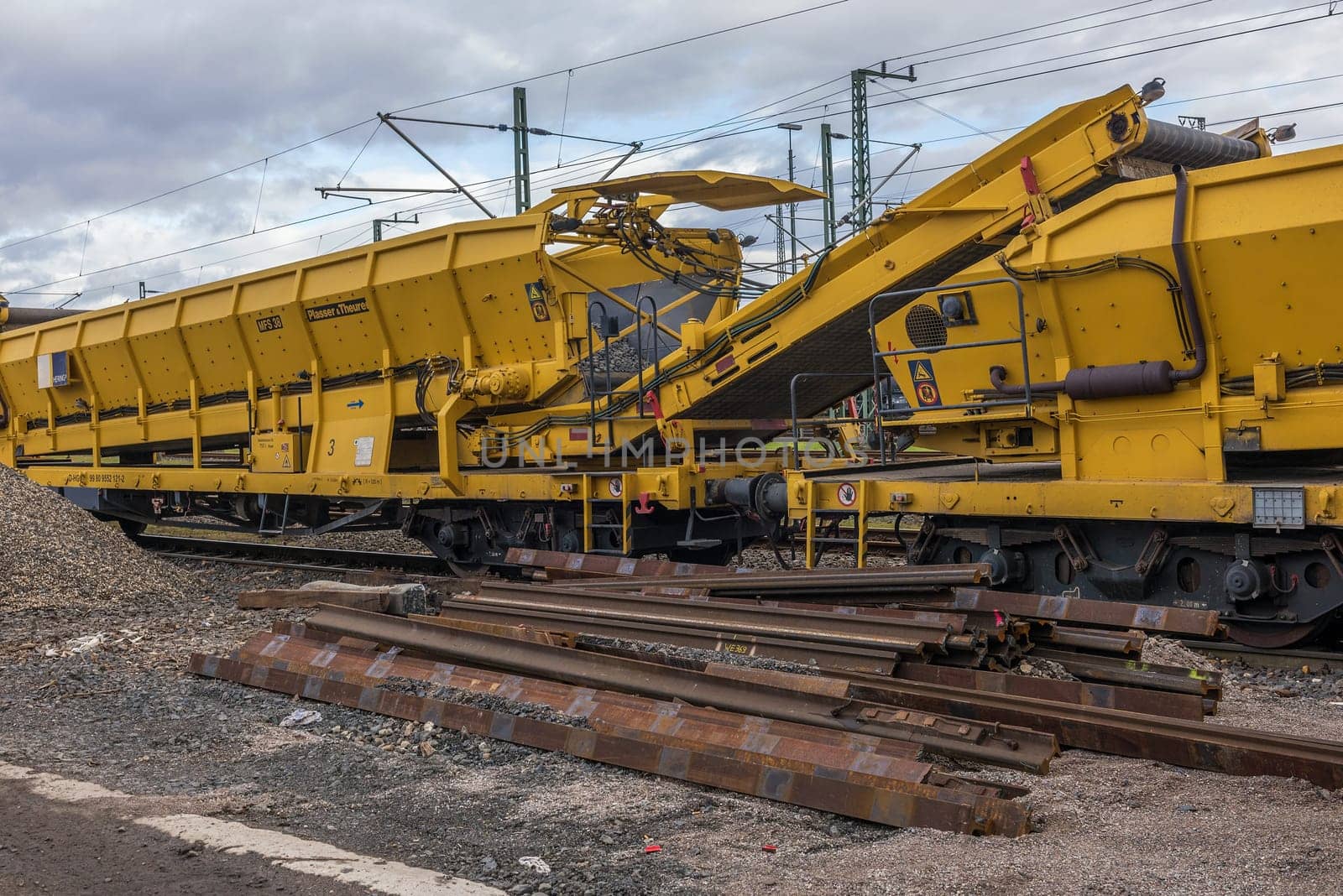 Track construction wagons in a storage area of the German Federal Railways