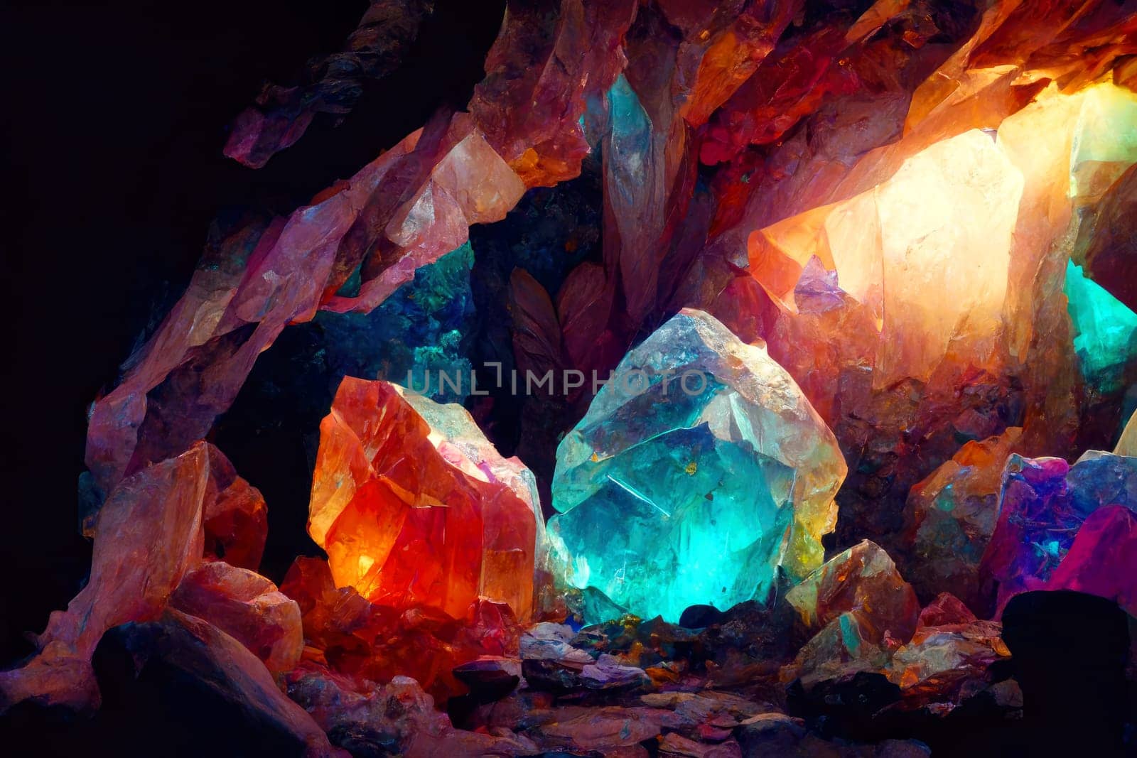 Magically glowing crystals in a dark cave.