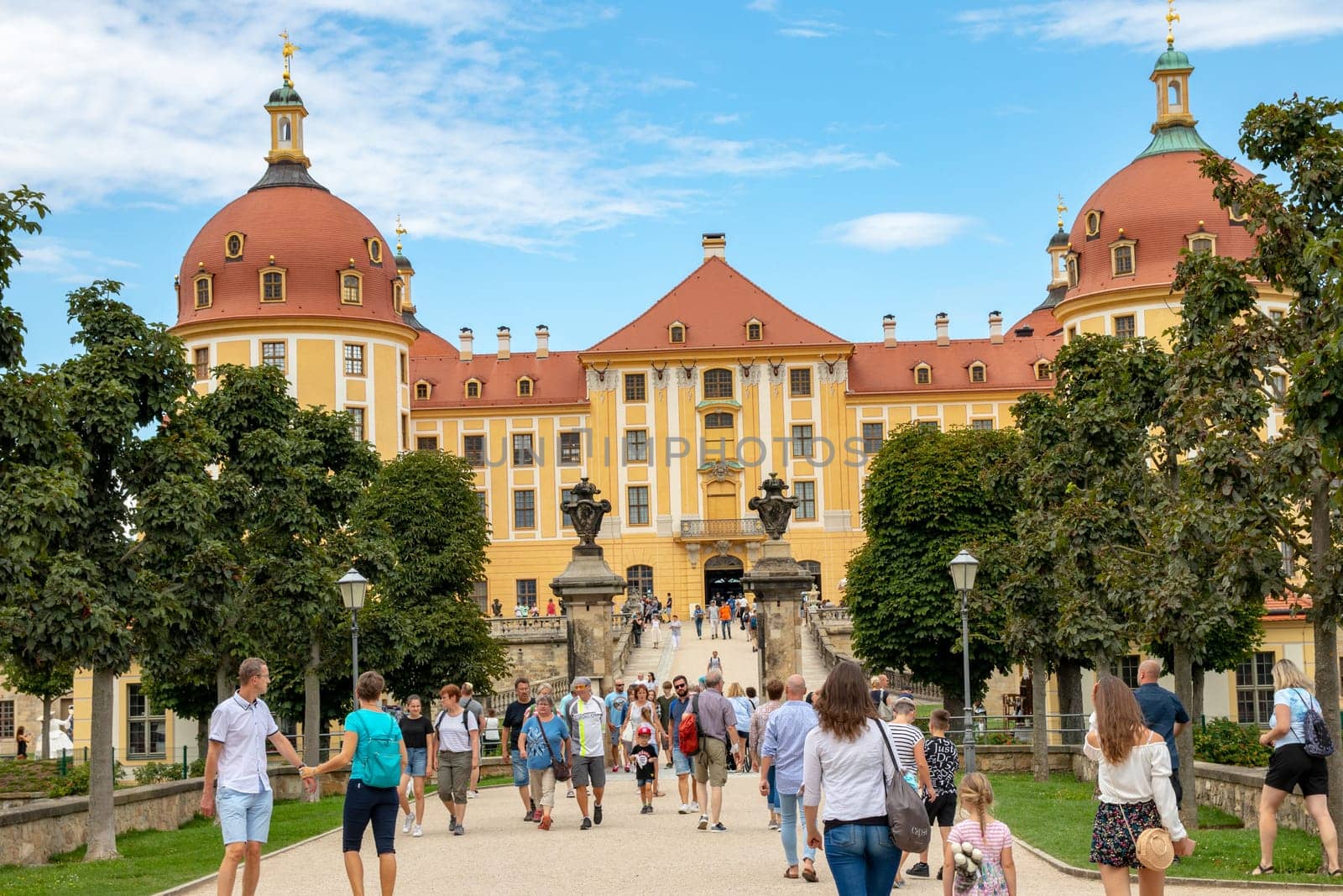Moritzburg, Germany - AUG 23, 2020. Baroque Moritzburg Castle near Dresden. The former hunting lodge became a royal pleasure palace under August the Strong in Saxony.