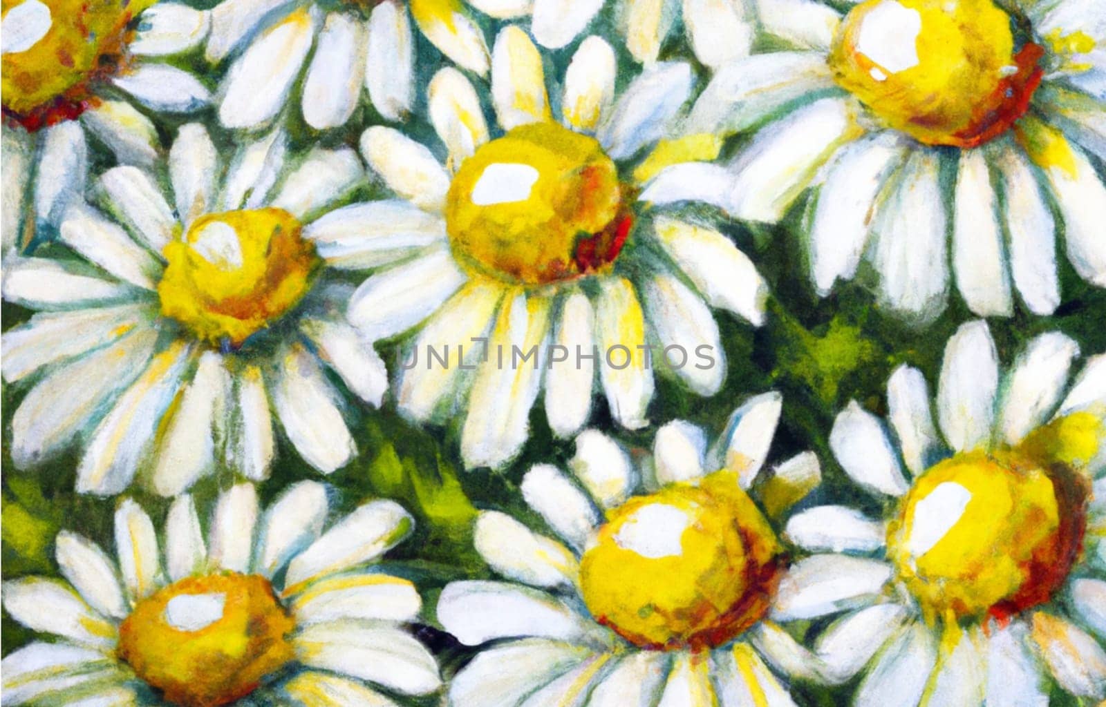 White daisy flowers. Postcard or label design. Drawing painting acrylic style. Yellow orange flower earring. Aroma of chamomile pharmacy. Large blooming inflorescences on a green background. Meadow