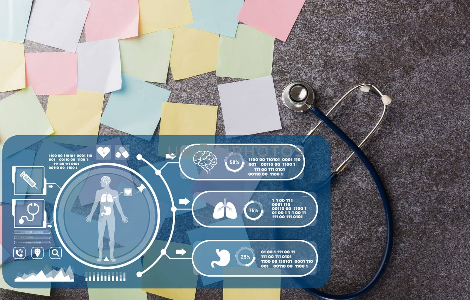 Doctor Day Concept, Top view of many blank paper stick note list with doctor doctor stethoscope on concrete board for write note stick memory work today, Medical and Healthcare