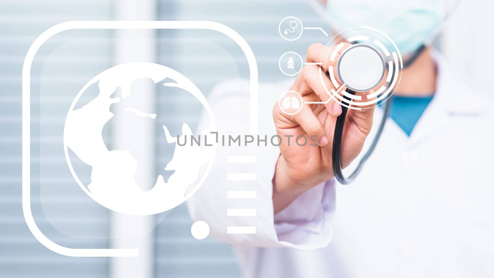 Doctor Day Concept. Doctor man wearing white coat standing holds his stethoscope on hand for listening check up lungs or heart, person showing medical equipment, healthcare close up view